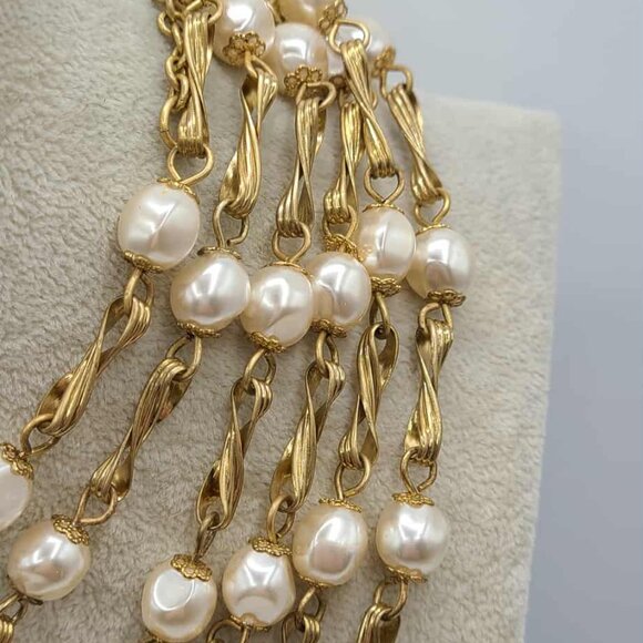 J Crew 12 Strands of Faux Pearls Gold Tone Link Necklace - Picture 3 of 13